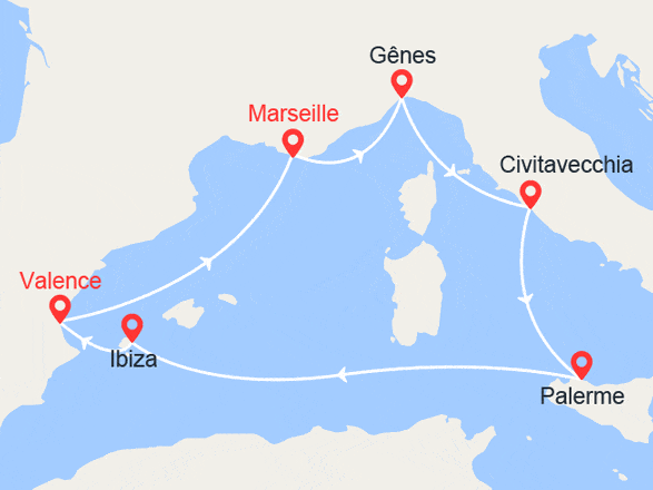 itinéraire croisière Iles Baléares : Italie, Sicile, Ibiza, Espagne