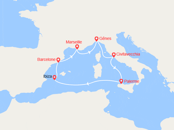 itinéraire croisière Méditerranée Occidentale : Italie, Sicile, Ibiza, Espagne
