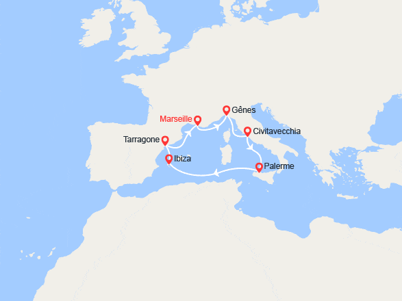 itin&eacute;raire croisi&egrave;re Méditerranée Occidentale : Italie, Sicile, Ibiza, Espagne 