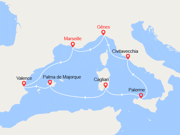 itinéraire croisière Méditerranée : Italie, Sicile, Majorque, Espagne...