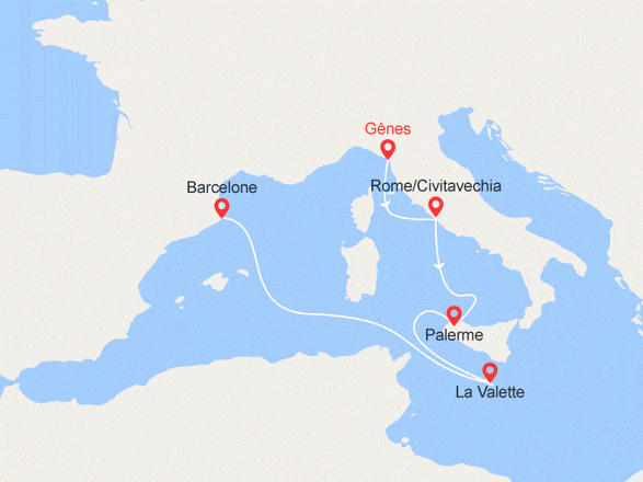 itinéraire croisière Méditerranée : Italie, Sicile, Malte, Barcelone