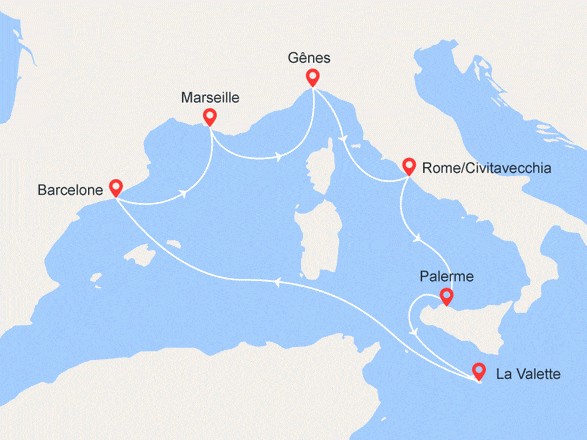 itinéraire croisière Méditerranée : Italie, Sicile, Malte, Barcelone