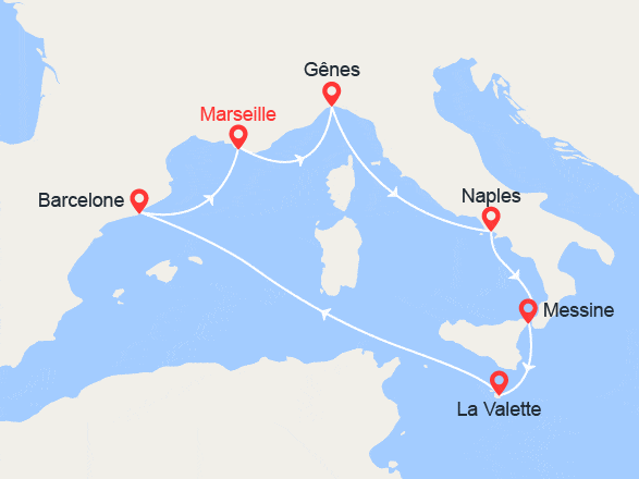 itinéraire croisière Méditerranée : Italie, Sicile, Malte, Barcelone