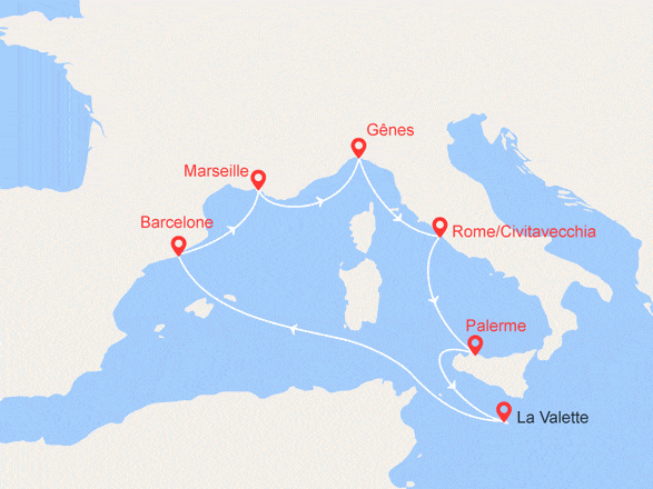 itinéraire croisière Méditerranée : Italie, Sicile, Malte, Espagne
