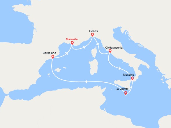 itinéraire croisière Méditerranée Occidentale : Italie, Sicile, Malte, Espagne, France