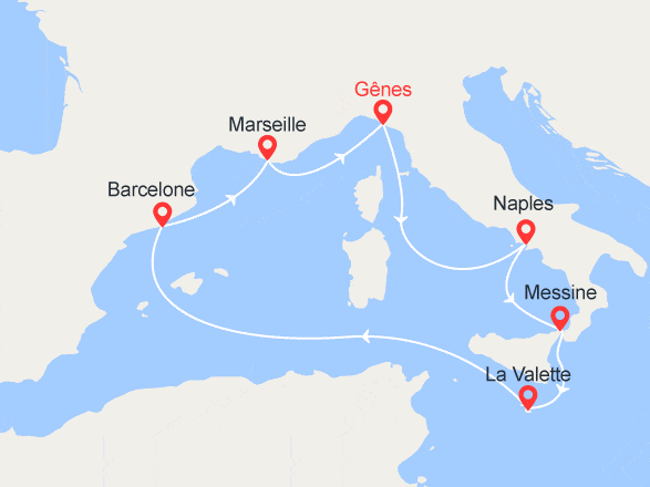 itinéraire croisière Méditerranée : Italie, Sicile, Malte, Espagne, France