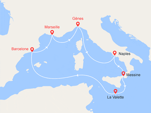 itinéraire croisière Méditerranée : Italie, Sicile, Malte, Espagne, Provence
