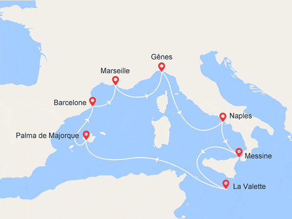 itinéraire croisière Iles Baléares : Italie, Sicile, Malte, Majorque, Barcelone