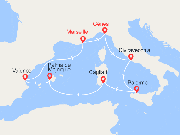 itinéraire croisière Méditerranée : Italie, Sicile, Sardaigne, Majorque...