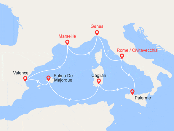 itinéraire croisière Iles Baléares : Italie, Sicile, Sardaigne, Majorque, Espagne