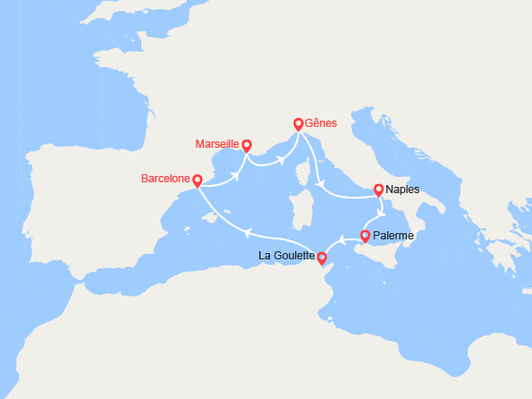 itinéraire croisière Méditerranée Occidentale : Italie, Sicile, Tunisie, Espagne
