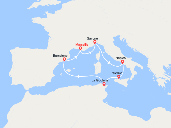 itin&eacute;raire croisi&egrave;re Méditerranée Occidentale : Italie, Sicile, Tunisie, Espagne 