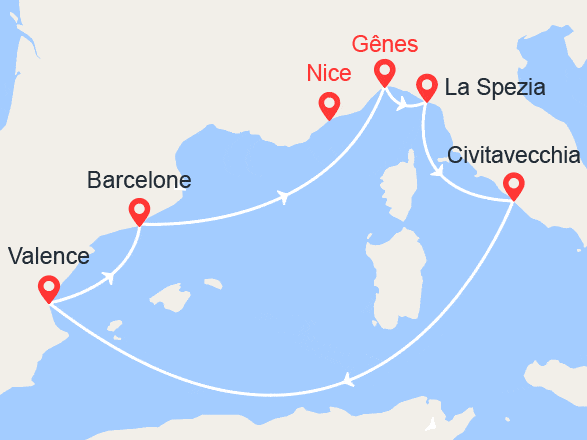 itinéraire croisière Méditerranée : Italie et Espagne II Transfert Nice - Gênes offert