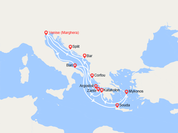 itinéraire croisière Méditerranée Orientale : Italiie, Grèce, Monténégro, Croatie
