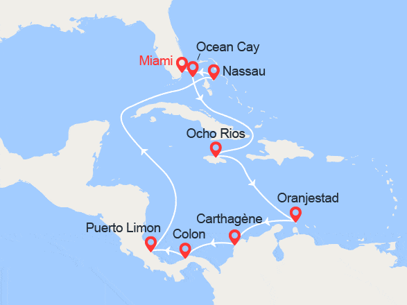 itinéraire croisière Caraïbes et Antilles : Jamaïque, Aruba, Colombie, Panama, Costa Rica & Bahamas