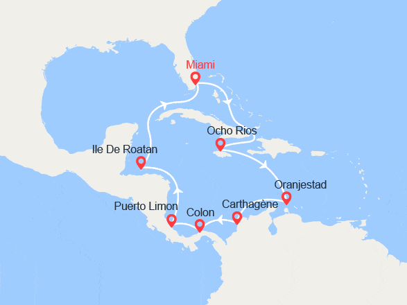 itinéraire croisière Caraïbes et Antilles : Jamaïque, Aruba, Colombie, Panama, Costa Rica, Honduras
