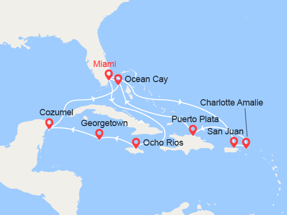 itinéraire croisière Caraïbes et Antilles : Jamaïque, Caïman, Cozumel, Bahamas, Porto Rico, St Thomas, Rép Dominicaine 