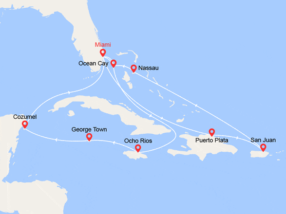 itinéraire croisière Caraïbes et Antilles : Jamaïque, Caïmans, Mexique, Rép Dominicaine, Porto Rico, Bahamas