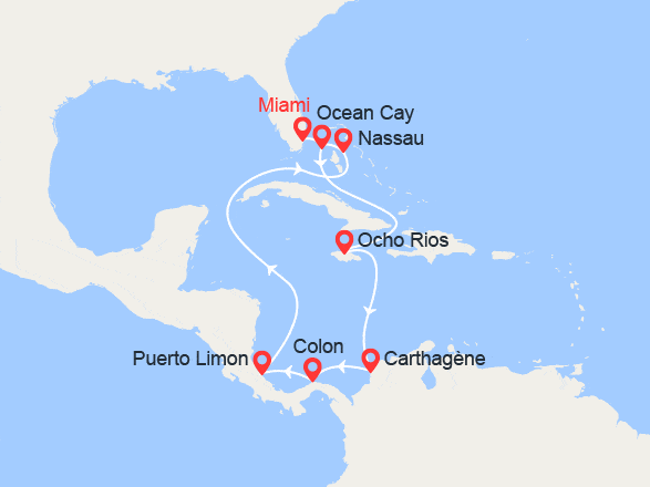itinéraire croisière Caraïbes et Antilles : Jamaïque, Colombie, Panama, Costa Rica & Bahamas