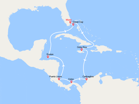 itinéraire croisière Caraïbes et Antilles : Jamaïque, Colombie, Panama, Costa Rica, Honduras, Bahamas