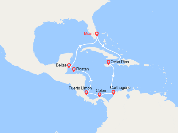 itin&eacute;raire croisi&egrave;re Caraïbes Ouest/Mexique : Jamaïque, Colombie, Panama, Costa Rica, Honduras, Belize 
