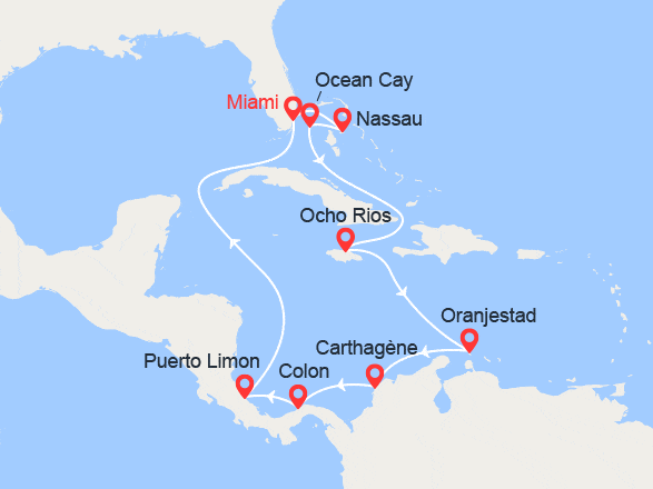 itinéraire croisière Caraïbes et Antilles : Jamaïque, Colombie, Panama, Costa Rica et Bahamas