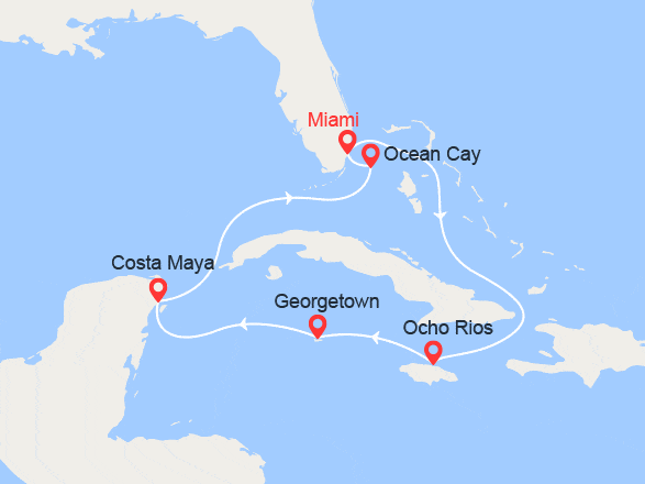 itinéraire croisière Caraïbes et Antilles : Jamaïque, Iles Caïman, Costa Maya & Bahamas