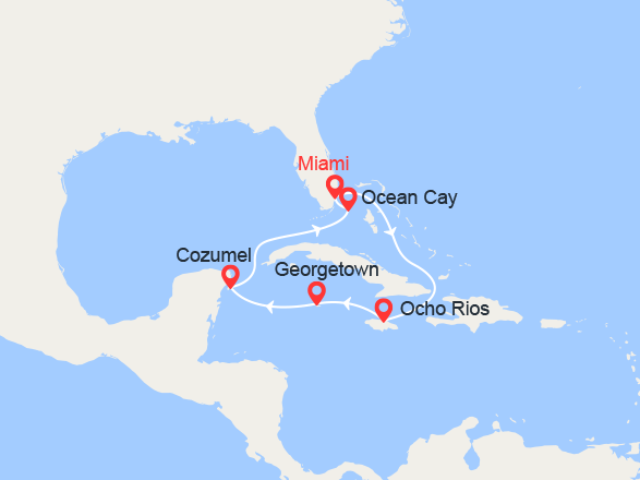 itinéraire croisière Caraïbes et Antilles : Jamaïque, Iles Caïman, Cozumel & Bahamas 