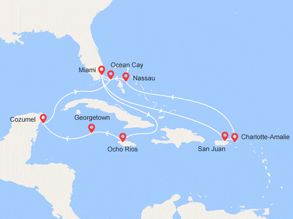 itinéraire croisière Caraïbes et Antilles : Jamaïque, Iles Cayman, Mexique, Bahamas, Porto Rico, Iles Vierge
