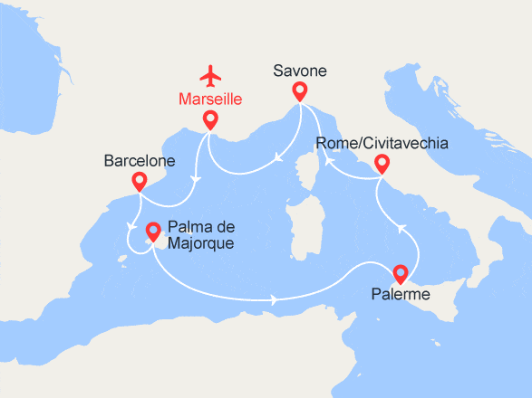 itinéraire croisière Méditerranée : L'éclat de la Méditerranée : Espagne, Baléares, Italie