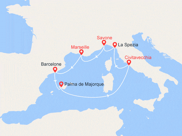 itinéraire croisière Méditerranée : L'éclat de la Méditerranée : Espagne, Baléares, Italie