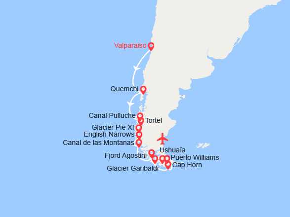 itinéraire croisière Amérique du Sud : L’essentiel des fjords chiliens : Valparaiso - Ushuaia