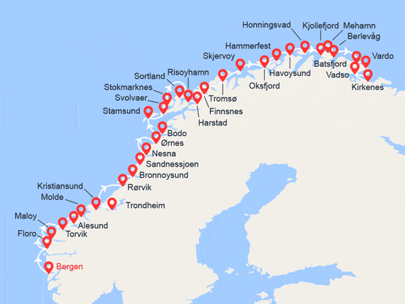 itin&eacute;raire croisi&egrave;re Fjords : L'Express Côtier – du Sud au Nord : de Bergen à Kirkenes 
