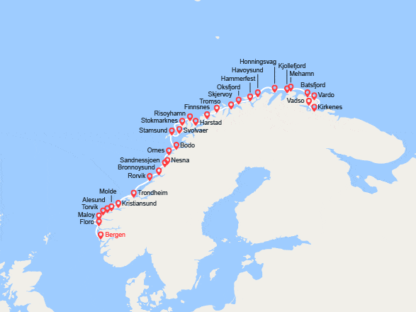 itinéraire croisière Fjords : L'Express Côtier – du Sud au Nord : de Bergen à Kirkenes 