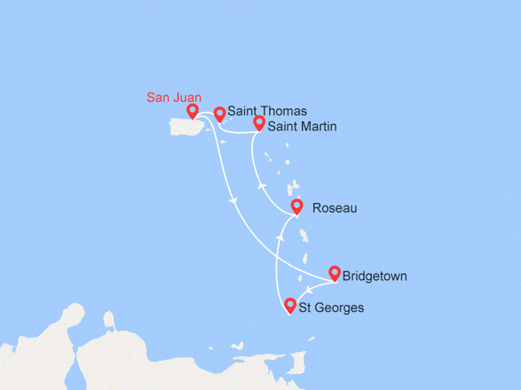itinéraire croisière Caraïbes et Antilles : La Barbade, Grenade, La Dominique, St-Martin, Îles Vierges
