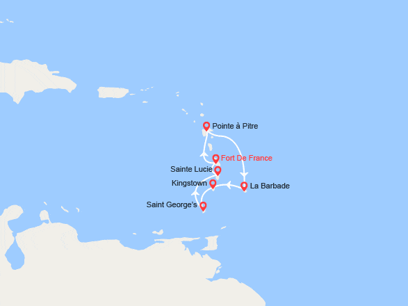 itinéraire croisière Caraïbes et Antilles : La Barbade, Grenadines, Grenade, Ste Lucie
