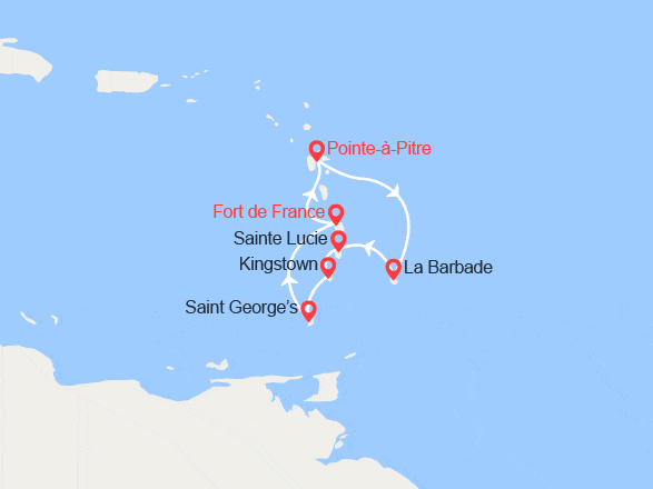 itinéraire croisière Caraïbes et Antilles : La Barbade, Ste Lucie, Grenadines, Grenade