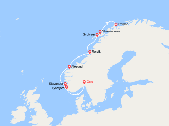 itinéraire croisière Fjords : La Ligne du Cap Nord du Sud au Nord 