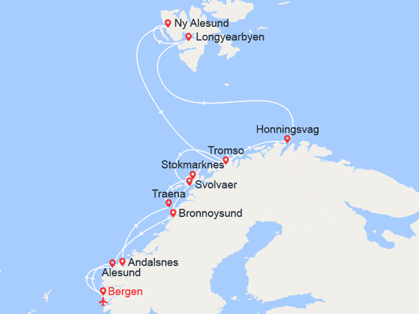 itinéraire croisière Fjords : La Ligne du Spitzberg (2025) || Vols + Hôtel inclus