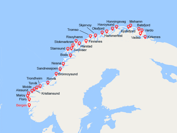 itinéraire croisière Europe du Nord : La Norvège de Bergen à Kirkenes