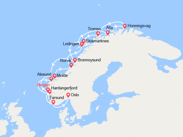 itinéraire croisière Fjords : Le Cap Nord Express : Voyage aller-retour depuis Bergen