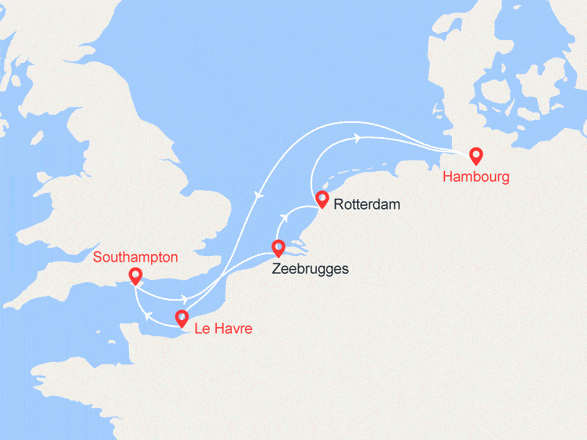 itinéraire croisière Europe du Nord : Le Havre, Southampton, Bruges, Rotterdam, Hambourg