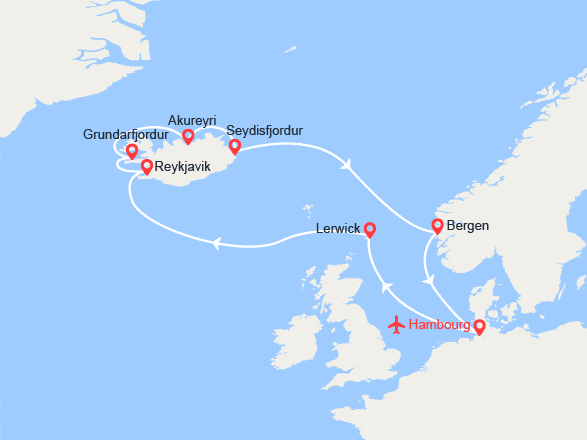 itinéraire croisière Islande : Le tour de l'Islande et Allemagne, Norvège - Vols inclus