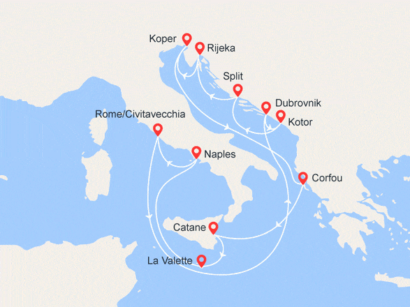 itinéraire croisière Méditerranée : Légendes Adriatiques : Croatie, Italie, Sloviénie, Corfou, Sicile, Malte