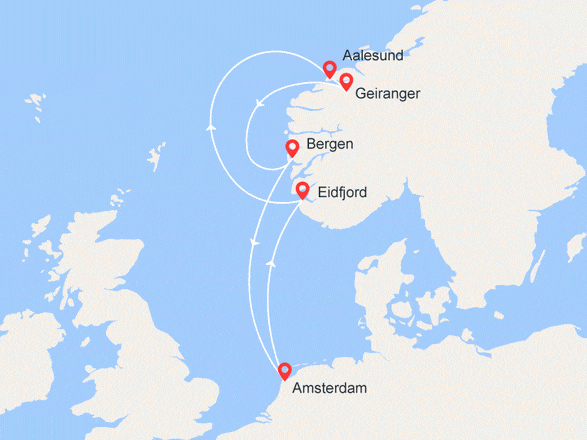 itinéraire croisière Fjords : Légendes Nordiques : Eidfjord, Alesund, Geiranger, Bergen