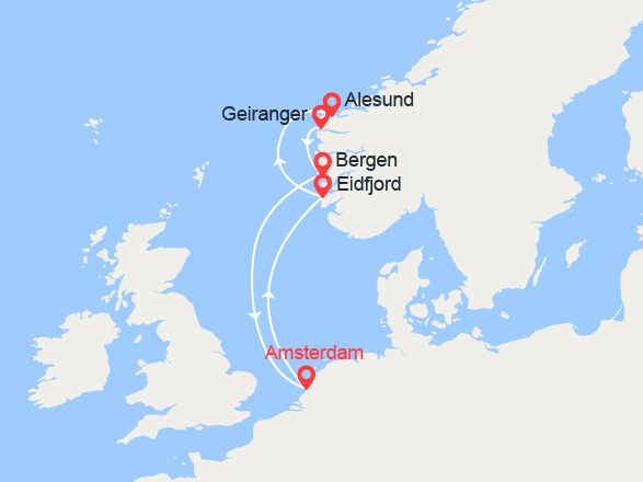 itinéraire croisière Fjords : Légendes Nordiques: Eidfjord, Alesund, Geiranger, Bergen 