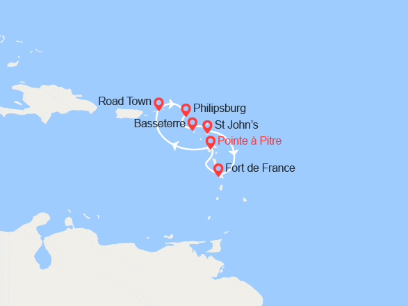 itinéraire croisière Caraïbes et Antilles : Les Caraïbes : Guadeloupe, Îles Vierges, Saint-Martin, Saint-Christophe, Antigua, Martinique