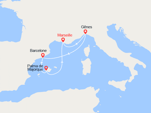 itinéraire croisière Iles Baléares : Majorque, Barcelone, Italie, Provence