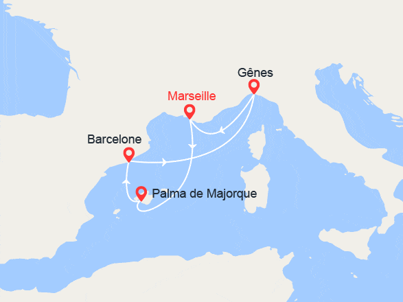 itinéraire croisière Iles Baléares : Majorque, Barcelone, Italie, Provence