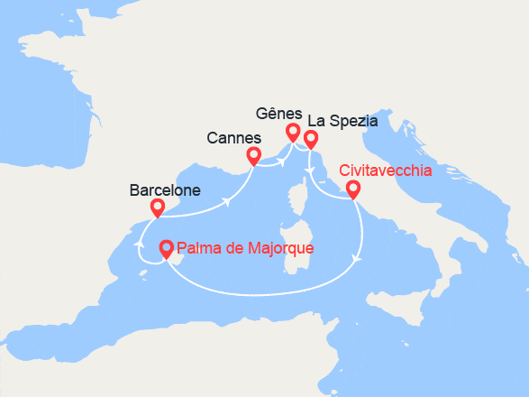 itinéraire croisière Méditerranée Occidentale : Majorque, Espagne, Côte d'Azur, Italie